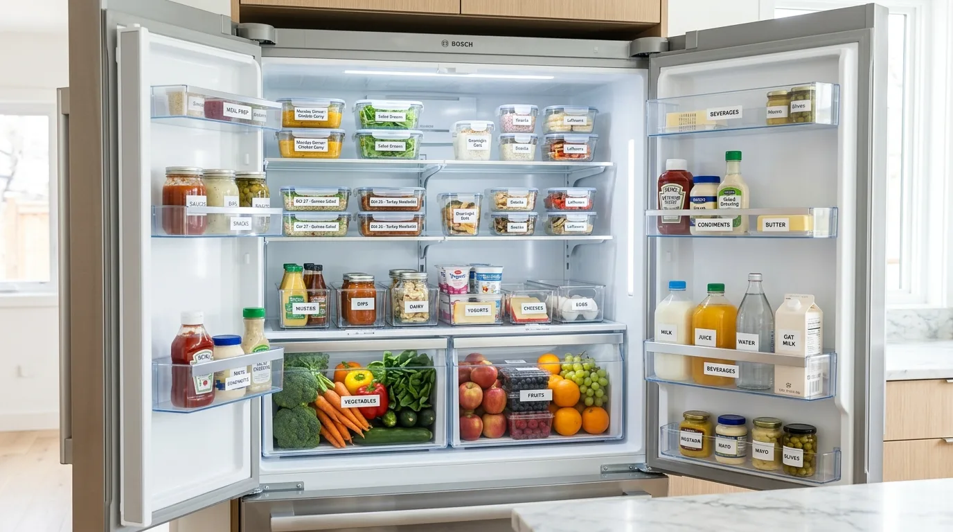 Clean organized fridge with bins, labels, and easy-to-see food categories.